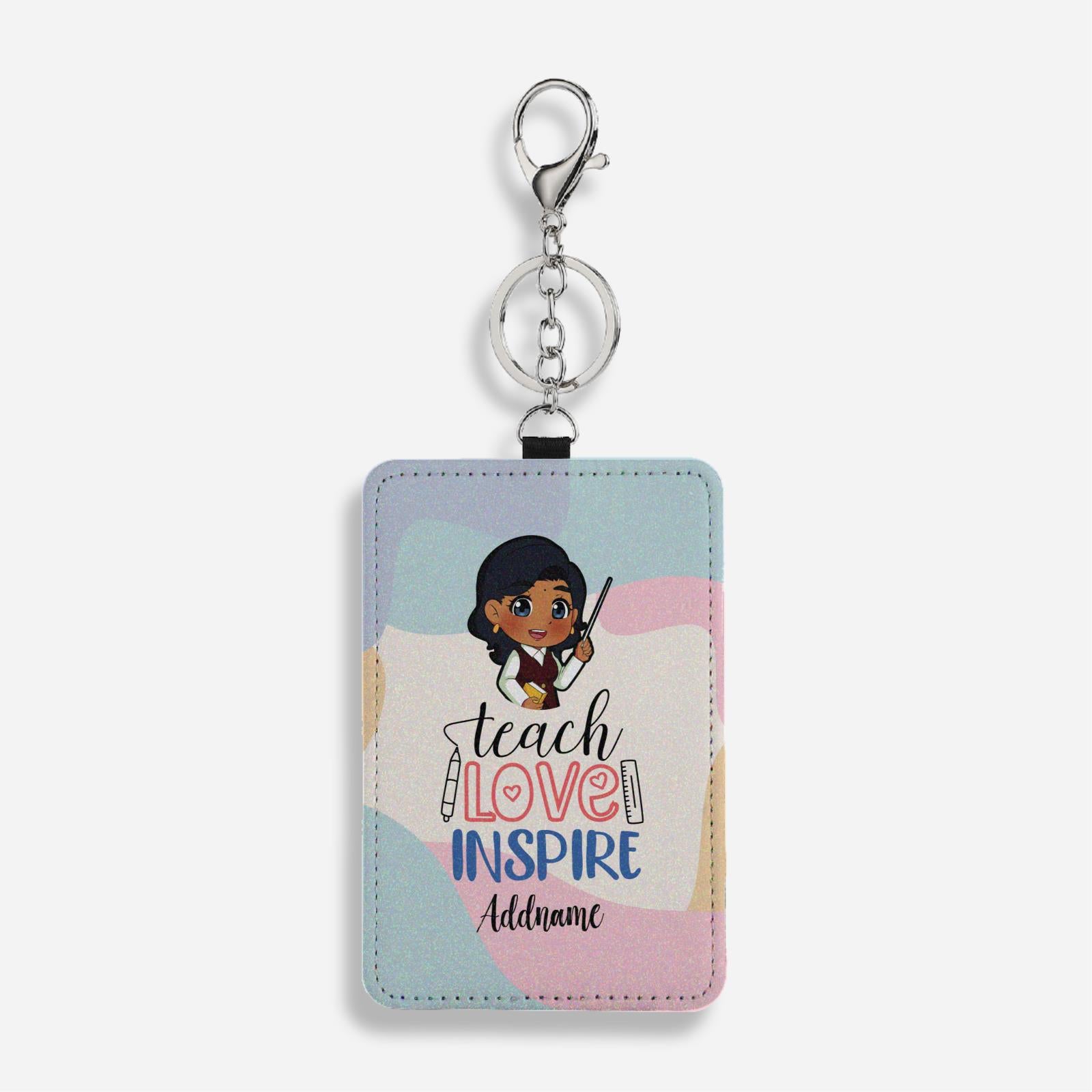 Teach Love Inspire With Chibi Indian Female Teacher Cardholder Keychain