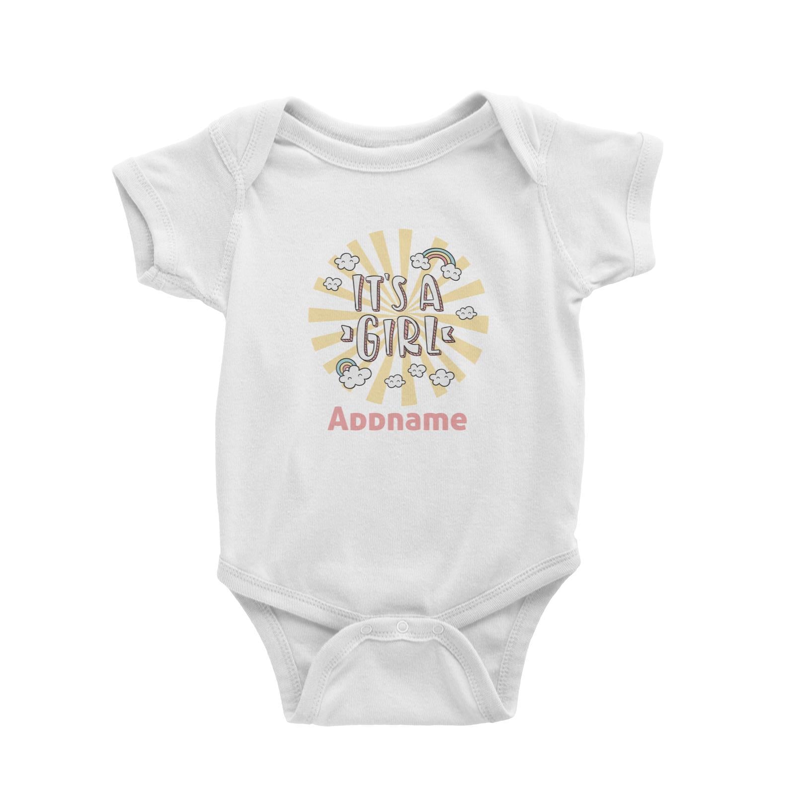 It's A Girl Addname with Rainbow and Clouds Baby Romper