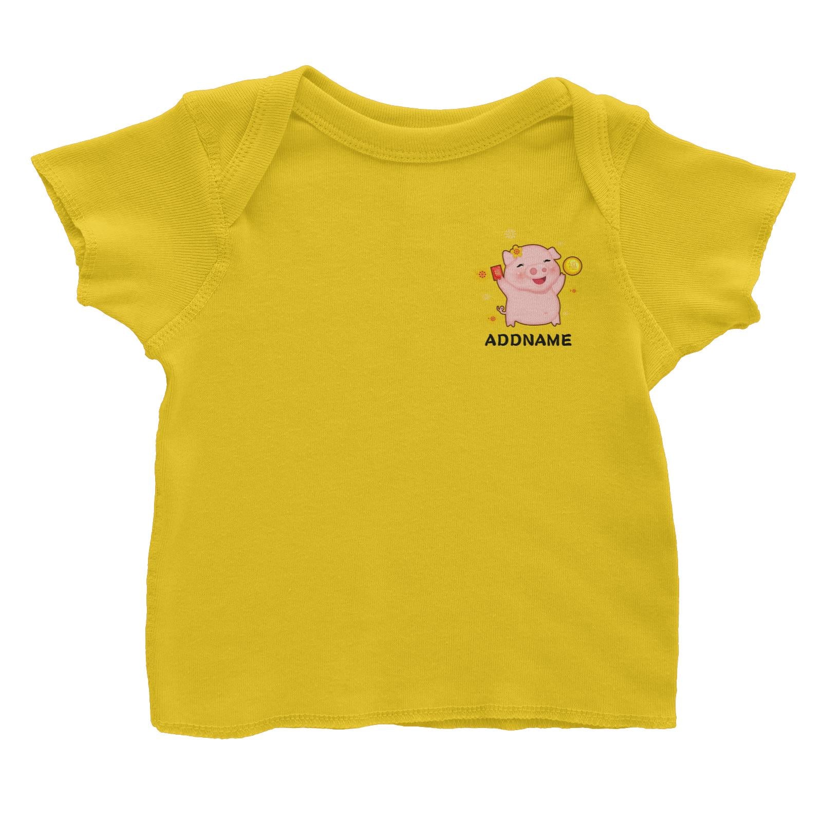Cute Pig CNY Pig Girl with Red Packet and Happiness Symbol Pocket Design Baby T-Shirt