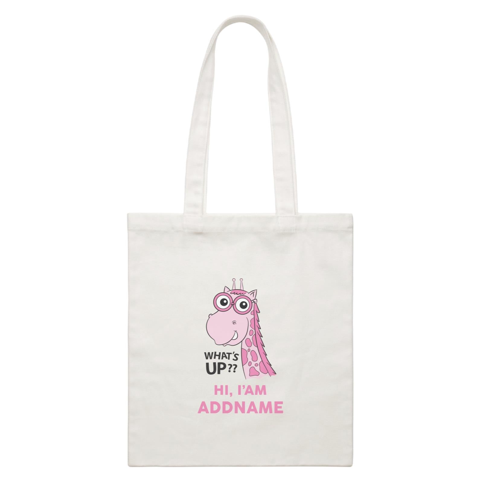 Cool Cute Animals Giraffe What's Up Hi I'am Addname White Canvas Bag