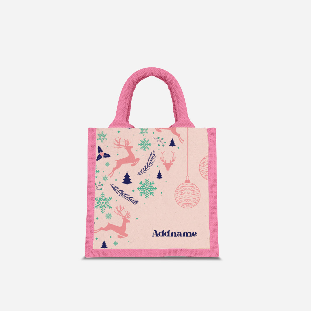 Christmas Series Half Lining Lunch Bag - Jubilant Reindeers Light Pink