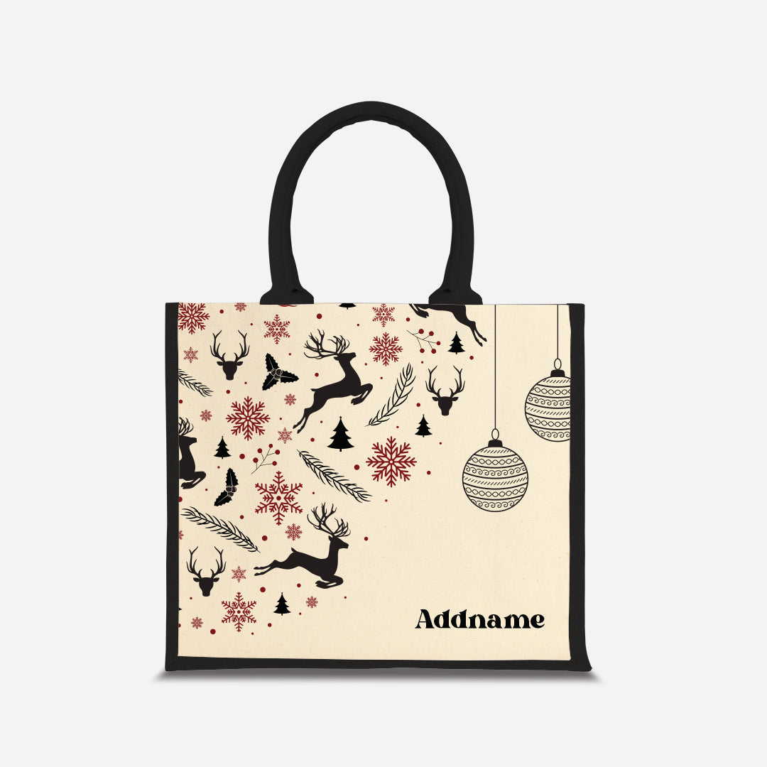 Christmas Series Half Lining Jute Bag - Jubilant Reindeers Black