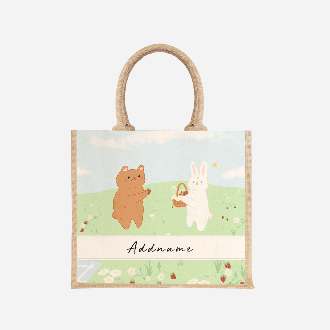 Strawberry Picking Half Lining Jute Bag